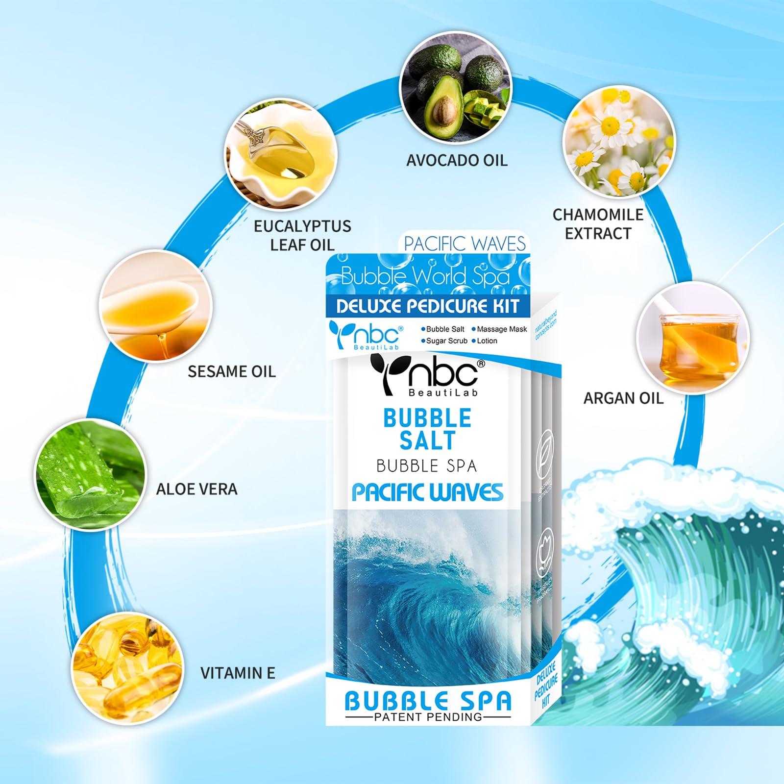 nbc BeautiLab nbc BeautiLab Pedicure Kit Foot Soak Set: Bubble Salt, Sugar Scrub, Massage Mask, Massage Lotion in a Box, 4 Step Foot Spa Kit for Dry Feet, Softens Calluses(1 Set Pacific Waves)