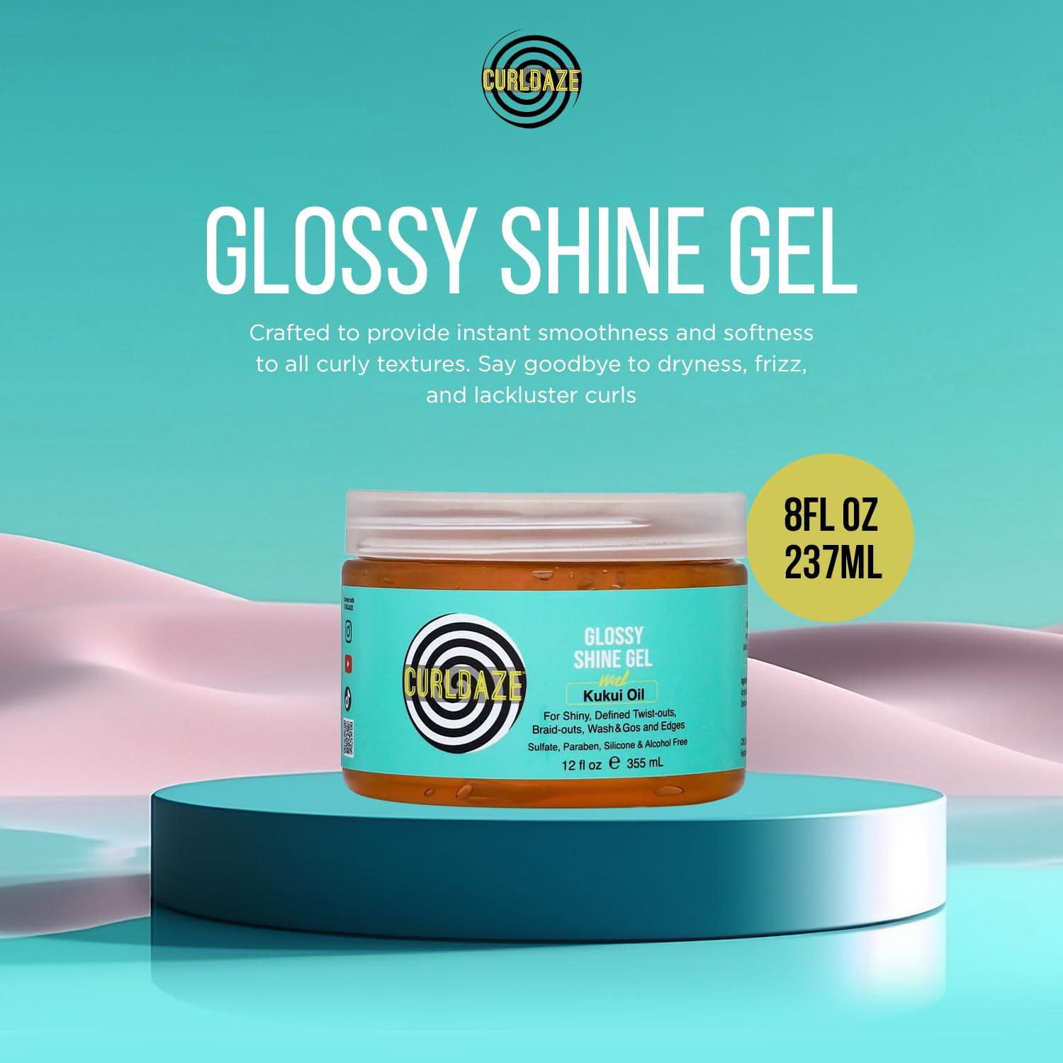 Curldaze Curldaze Glossy Shine Gel with Kukui Oil, Vitamins A, C, & E, Defines Curls in Twist-Outs, Braid-Outs, Wash & Gos, Controls Frizz & Edges, Shines, Moisturizes, Protects & Renews Dry or Damaged Hair