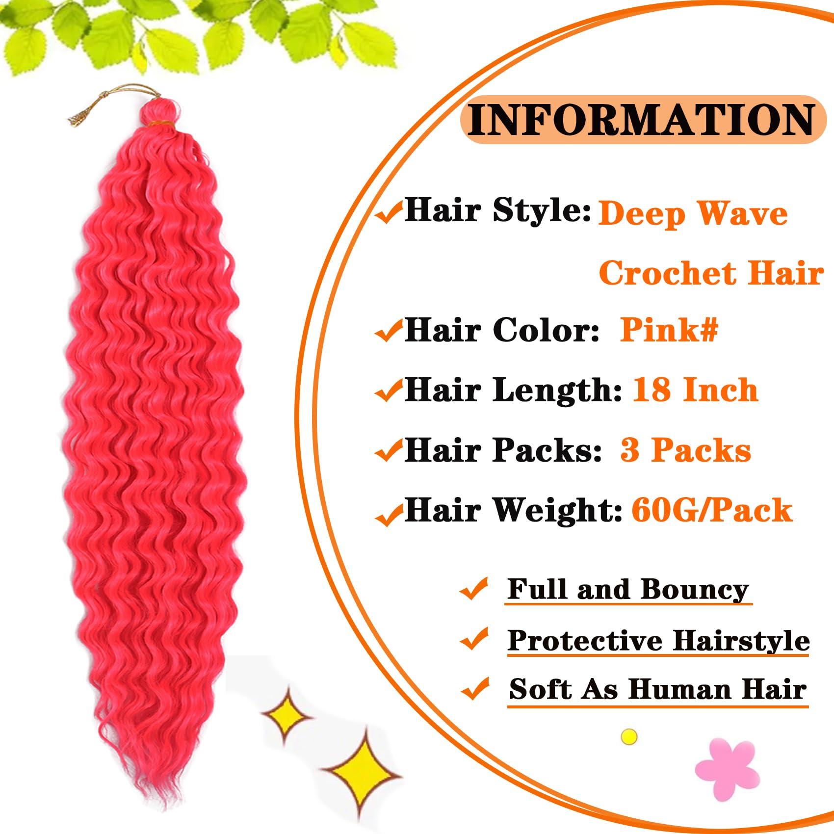Paraglame Hot Pink Curly Crochet Hair 18 Inch Deep Wave Braiding Hair for Women 3 Packs Ocean Wave Crochet Hair Pink Color Wet and Wavy Crochet Hair (18inch, Pink#)