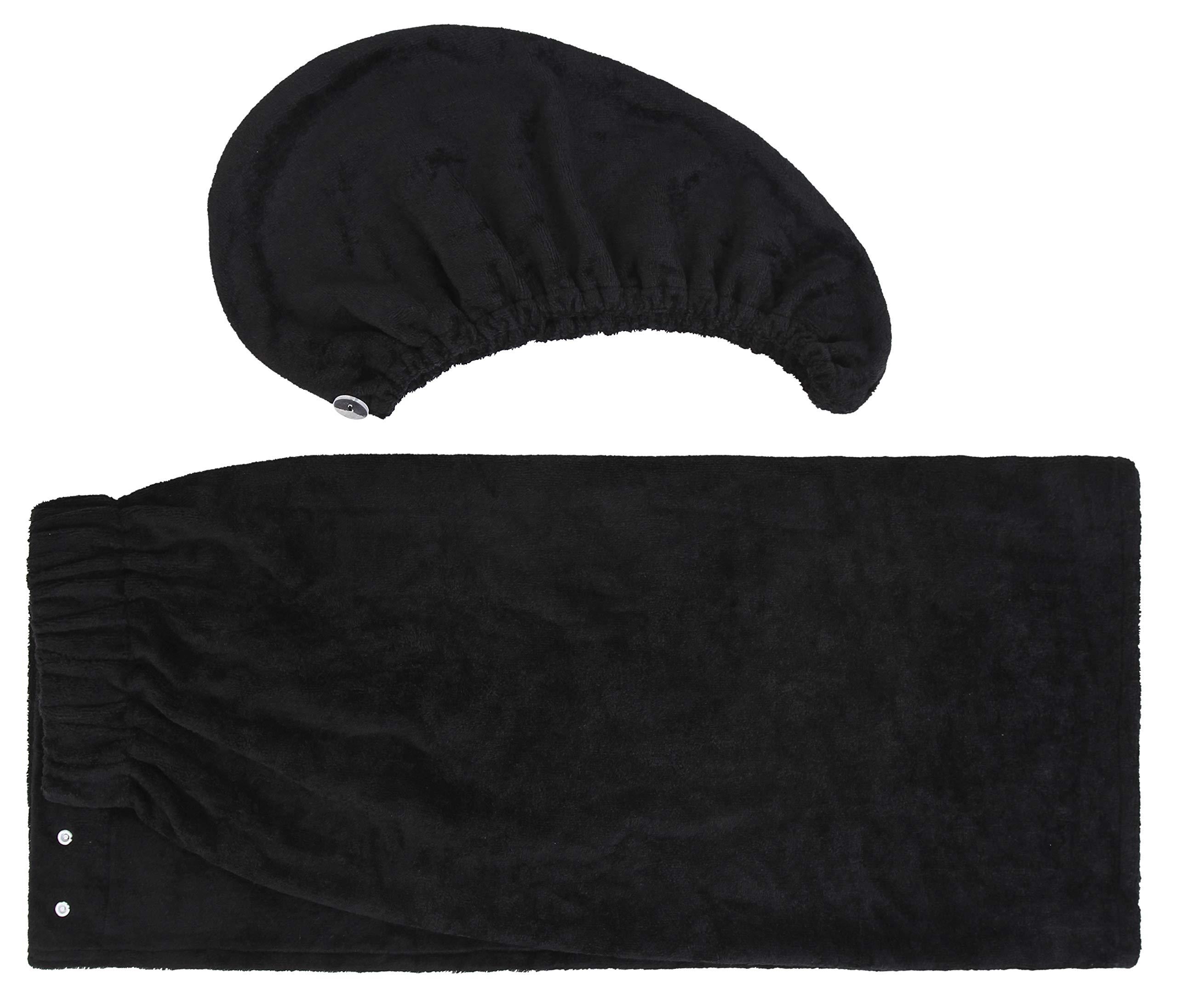 FABBRICA HOME FABBRICA HOME Super Absorbent Quick Dry Spa Bath Wrap Shower Skirt and Hair Drying Turban - 2pc Set (One-Size, Black)