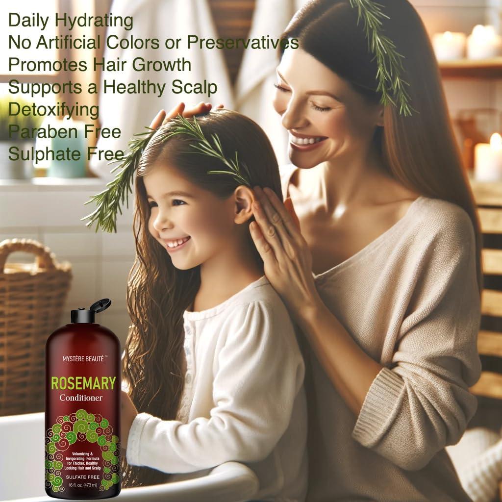 MYSTÉRE BEAUTÉ Rosemary Shampoo and Conditioner, Rosemary Oil Shampoo Promotes Hair Growth & Scalp Health, Rosemary Shampoo for Hair Growth Organic - Sulfate & Paraben Free, for Men Women - 16 fl oz each