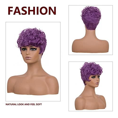 DOcute DOcute Black Short Pixie Cut Wigs for Black Women Short Wavy Hair Wig Pixie Cut Curly Wig with Bangs for Black Women Synthetic Fluffy Daily Wig Layered Heat Resistant Wigs (Deep Purple)