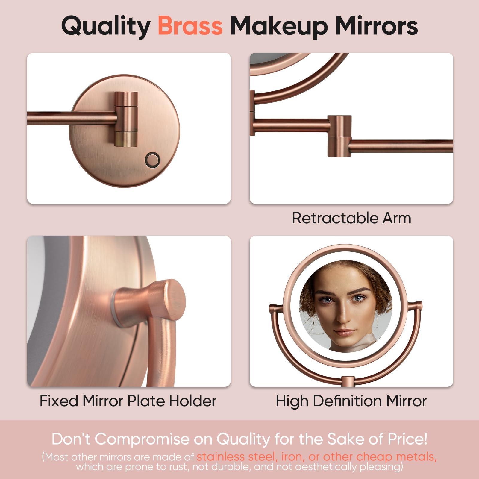 GURUN GURUN Wall Mounted Hardwired Makeup Mirror with 3 Tones Dimmable LED Lights 10x Magnifying Mirror with Touch Control for Bathroom Bedroom 13\" Extendable Arm M1809DB-9x10MR-T(10x,Matte Rose Gold)