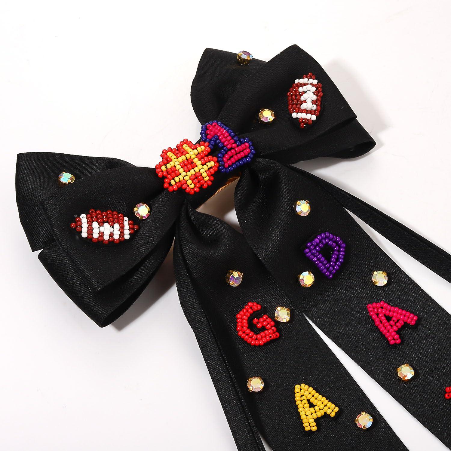 boderier Boderier Game Day Accessories Hair Bows for Women Football Hair Bow Clip Long Tail Satin Ribbon Bow Barrette Hair Clip Sports Fan Hair Accessories Beaded GAME DAY Black