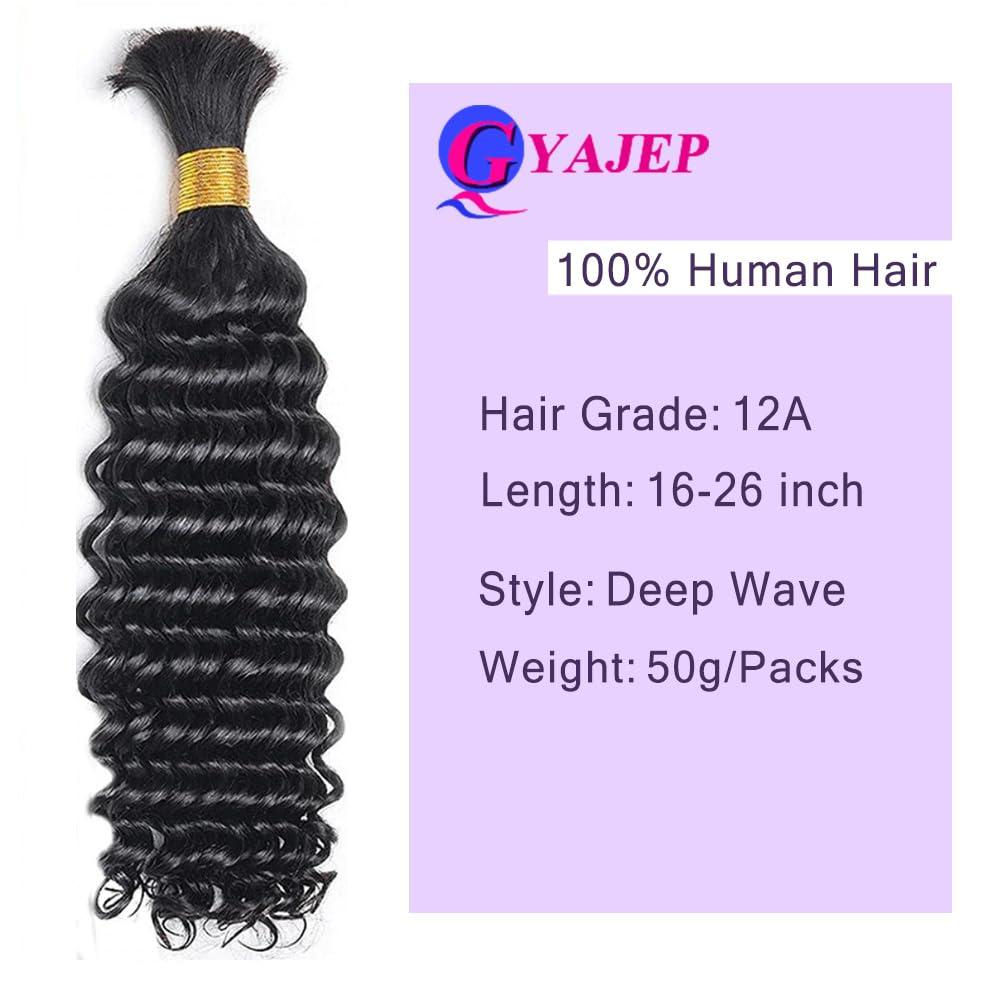 GYAJEP Human Braiding Hair Deep Wave Bulk Human Hair for Braiding,1 Bundle Curly Human Hair for Boho Braids,100% Unprocessed Virgin Human Hair Extensions 50g/pack Curly Natural Black 26 Inch