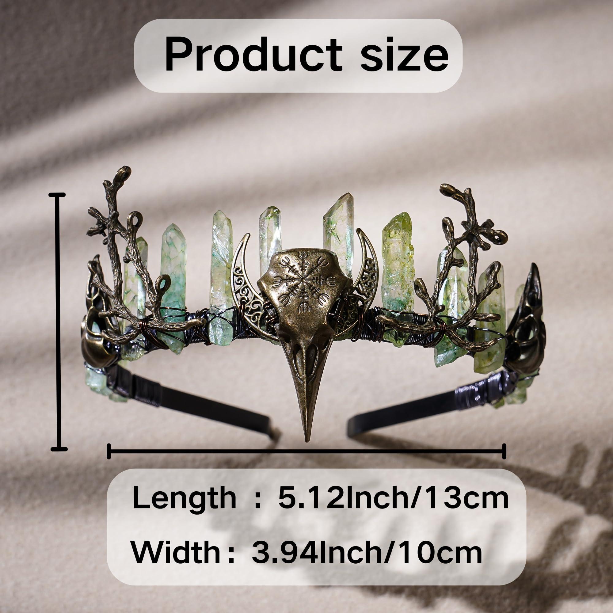 CoTeeZa CoTeeZa Green Fairy Crystal Crown - Handmade Raw Quartz Tiara with Bronze Crow Branch Moon Elf Headpiece Fantasy Forest Witch Crown Wedding Renaissance Halloween Cosplay Woodland Headband