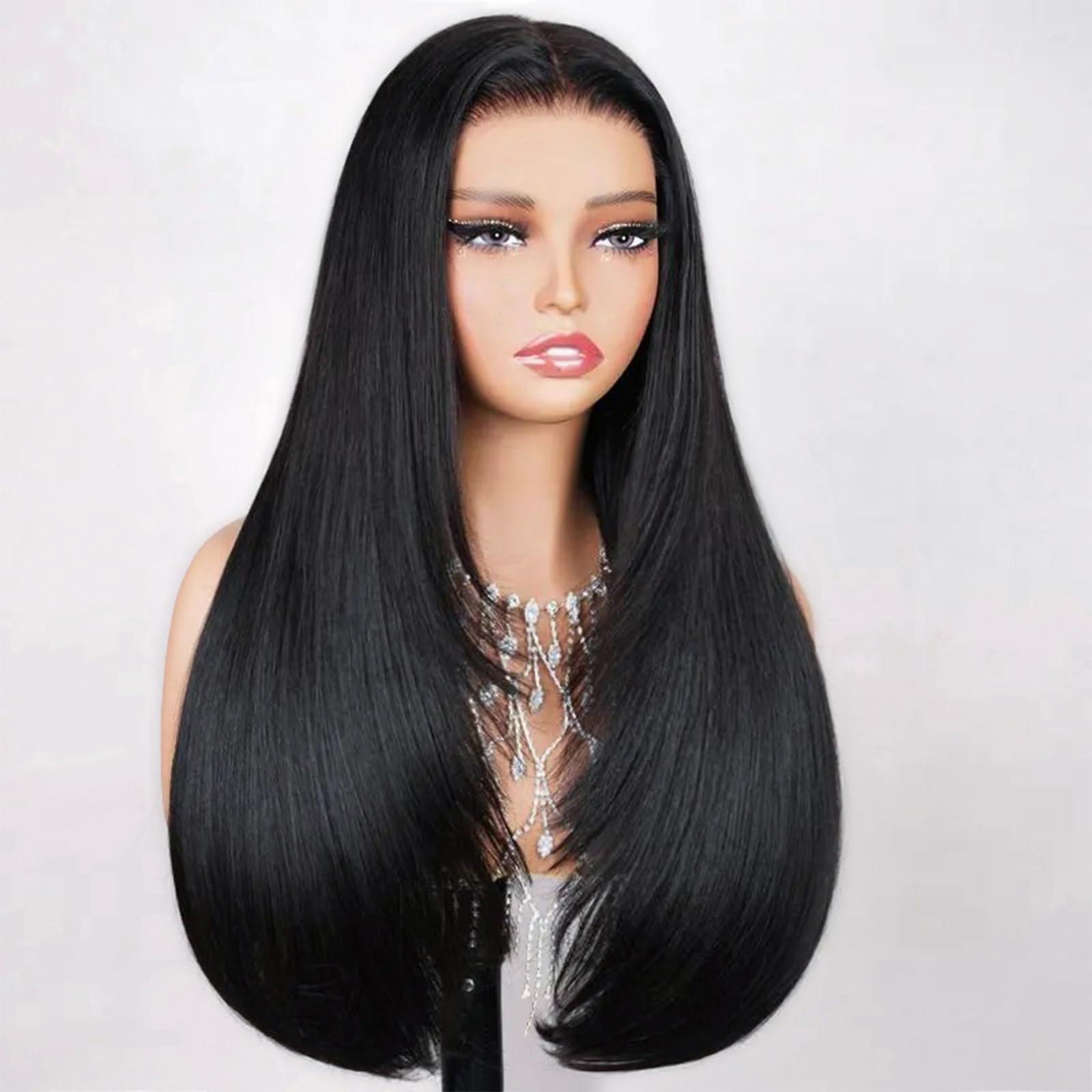 TESLAL TESLAL Blend Wigs Human Hair Glueless Wear and Go Glueless Wigs Human Hair Pre Plucked Pre Cut Layered Wig Straight 6X6 Synthetic and Human Hair Blend Wig 22Inch Black Color 260% Density