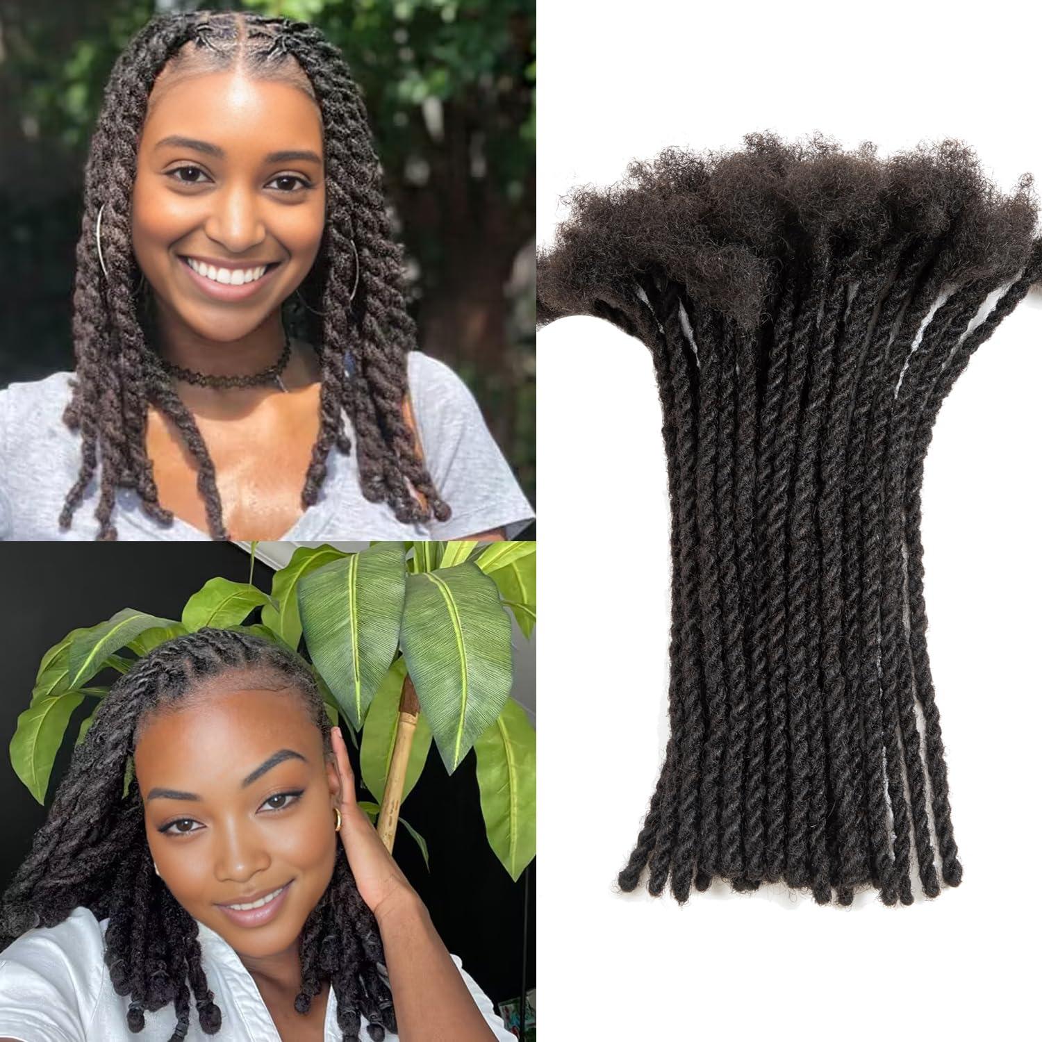 JIAJIA Teresa 0.6cm Width Starting Locs with Two Strand Twists Human Hair Dreadlocks Styled Retwisting Starter Loc Extensions Human Hair For Men and Women (1B/30 Strands, 10 Inch)