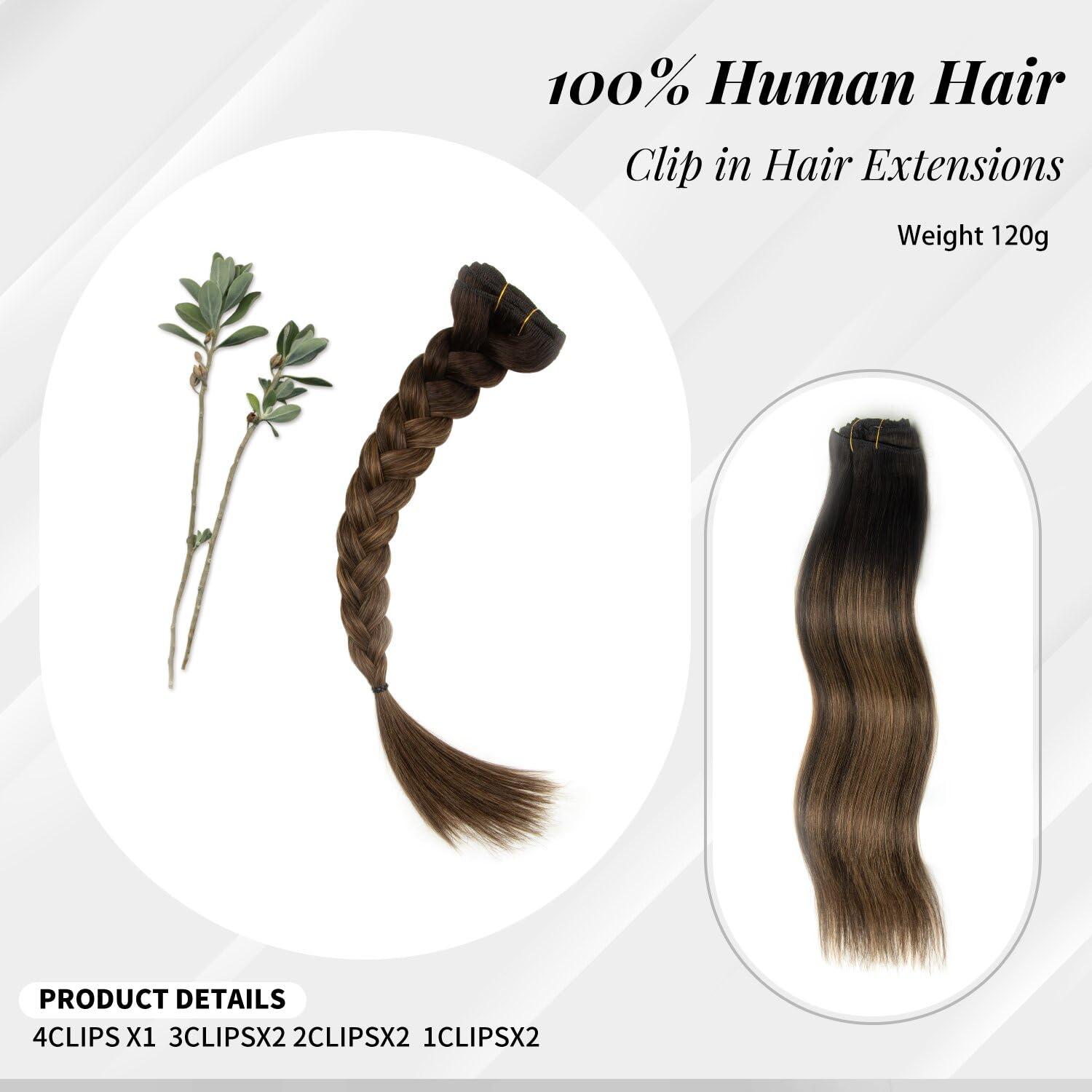 Houlud Highlight Clip in Hair Extensions Real Human Hair 14 Inch 7pcs 120g Brown Black Remy Human Hair Extensions 16 Clips Ins Seamless Double Weft Straight Human Hair Clip In Hair Extensions for Woman