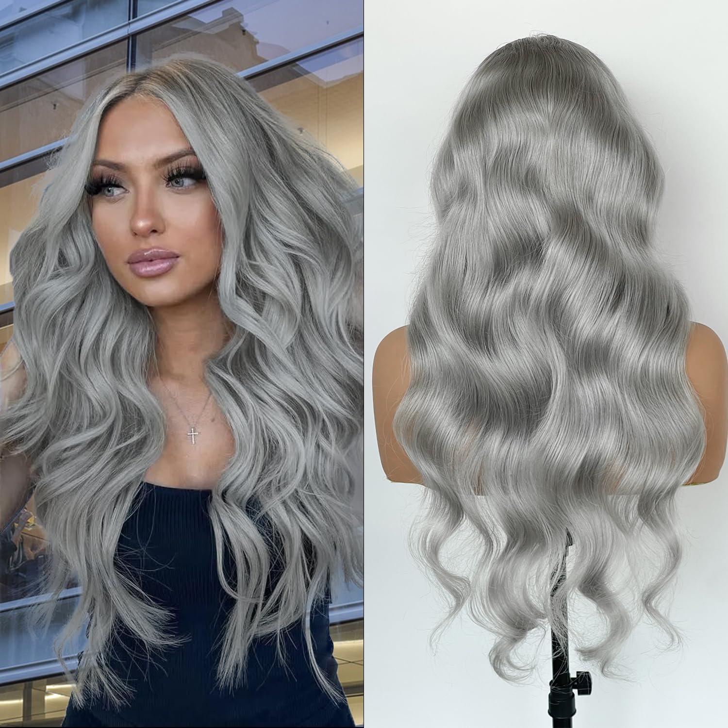 FINMOO FINMOO Grey Silver Lace Front Wigs Human Hair 200% Density Body Wave 13x4 UHD Transparent Pre Plucked Pre Cut Lace Front Wigs Glueless Wigs 613 Colored Remy Virgin Hair Wigs for Black Women 22 Inch