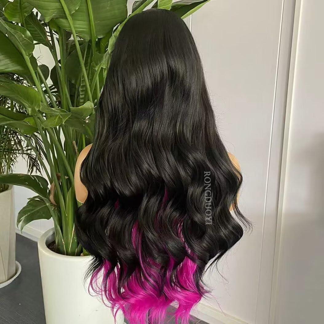 RONGDUOYI Half Black Half Pink Lace Front Wigs for Women Long Body Wave Synthetic Hair Glueless Natural Hairline Daily Use Hot Pink Highlights Cosplay Wig