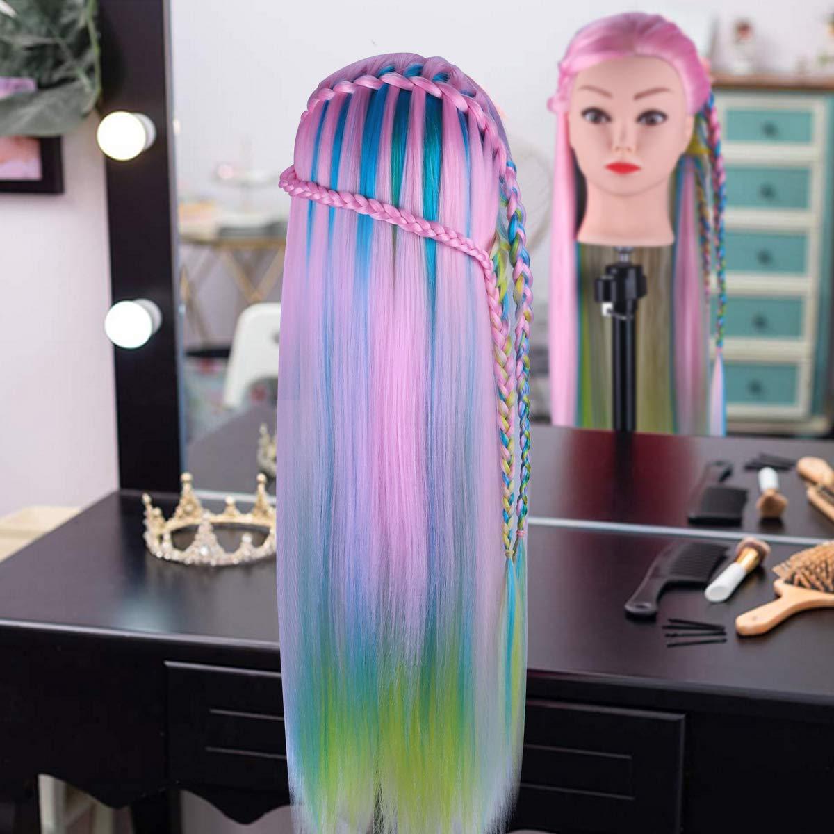 MYSWEETY MYSWEETY 29 Inch Colorful Hair Mannequin Head Hairdressing Practice Training Doll Heads Cosmetology Hair Styling Mannequins Heads with Clamp + Practice Tools(PINK)