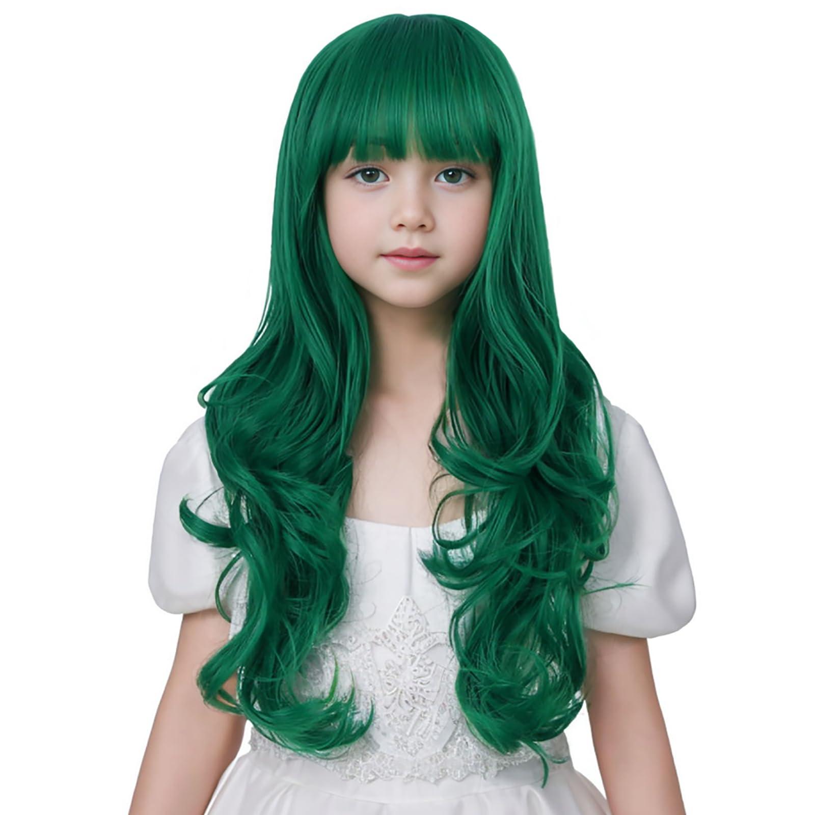 Edivd Edivd Kids Dark Green Wig Long Green Wig with Flat Bangs for Child Long Dark Green Wavy Curly Wig for Girls Heat Resistant Synthetic Wig with Wig Cap