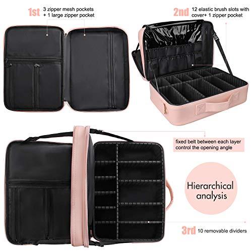 Relavel Relavel Makeup Case Large Makeup Bag Professional Train Case 16.5 inches Travel Cosmetic Organizer Brush Holder Waterproof Makeup Artist Storage Box, 3 Layer Large with Adjustable Strap (Pink)