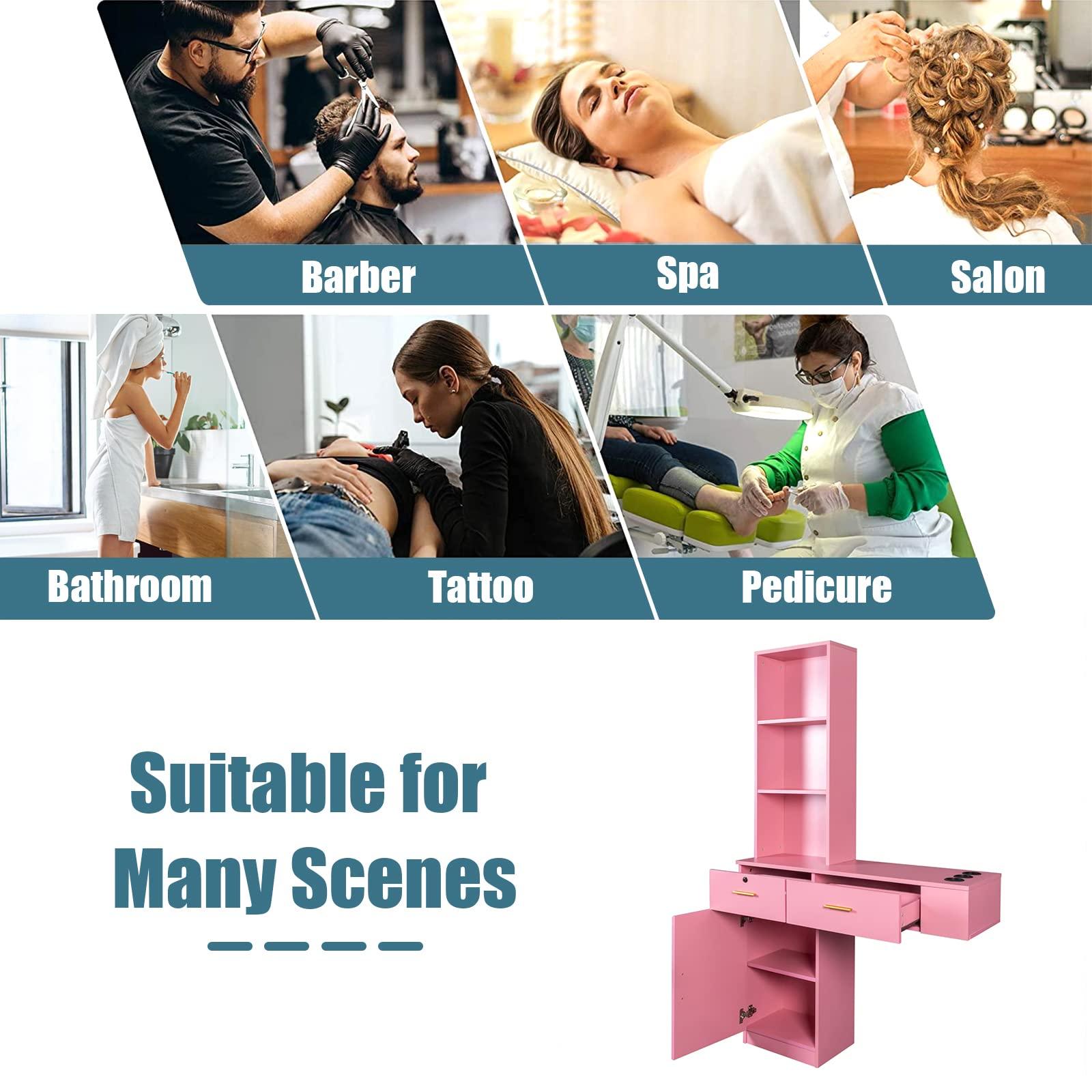 MTFY MTFY Wall Mount Barber Station Cabinet, Modern Hair Styling Salon Cabinet Storage Organizer Hair Salon Spa Equipment Barber Stations with Locking Drawer, 3 Shelves and 3 Hairdryer