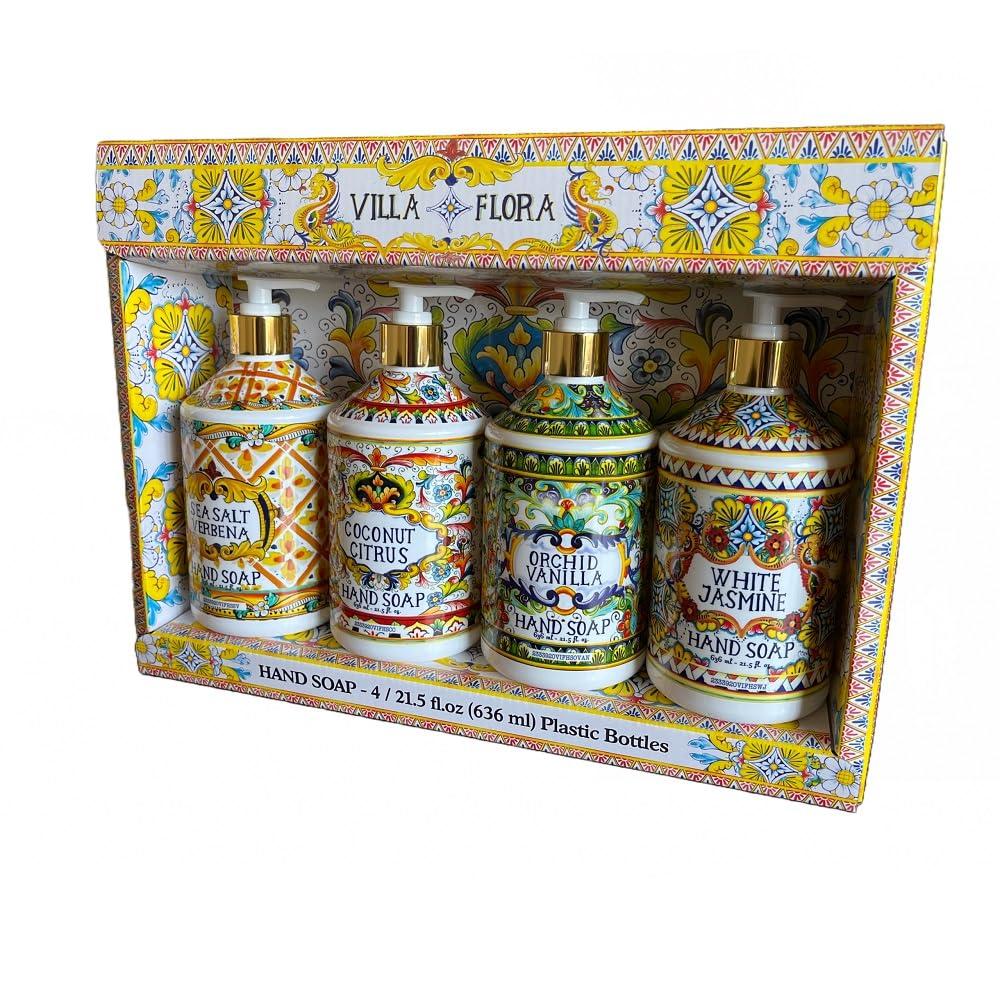 Home and Body Company Home and Body Company Hand Soap Villa Flora Collection 16 FL/473ml Bottles infused with Essential Oils (SET OF 4) Sea Salt Verbena, Coconut Citrus, Orchid Vanilla, and White Jasmine