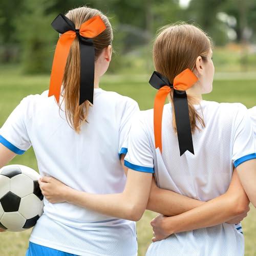 DEEKA DEEKA 16 PCS Collegiate Style Ponytail Holders - Long Tail Skinny Handmade Bows for Girls, Teens, Softball, Cheerleaders - Orange/Black