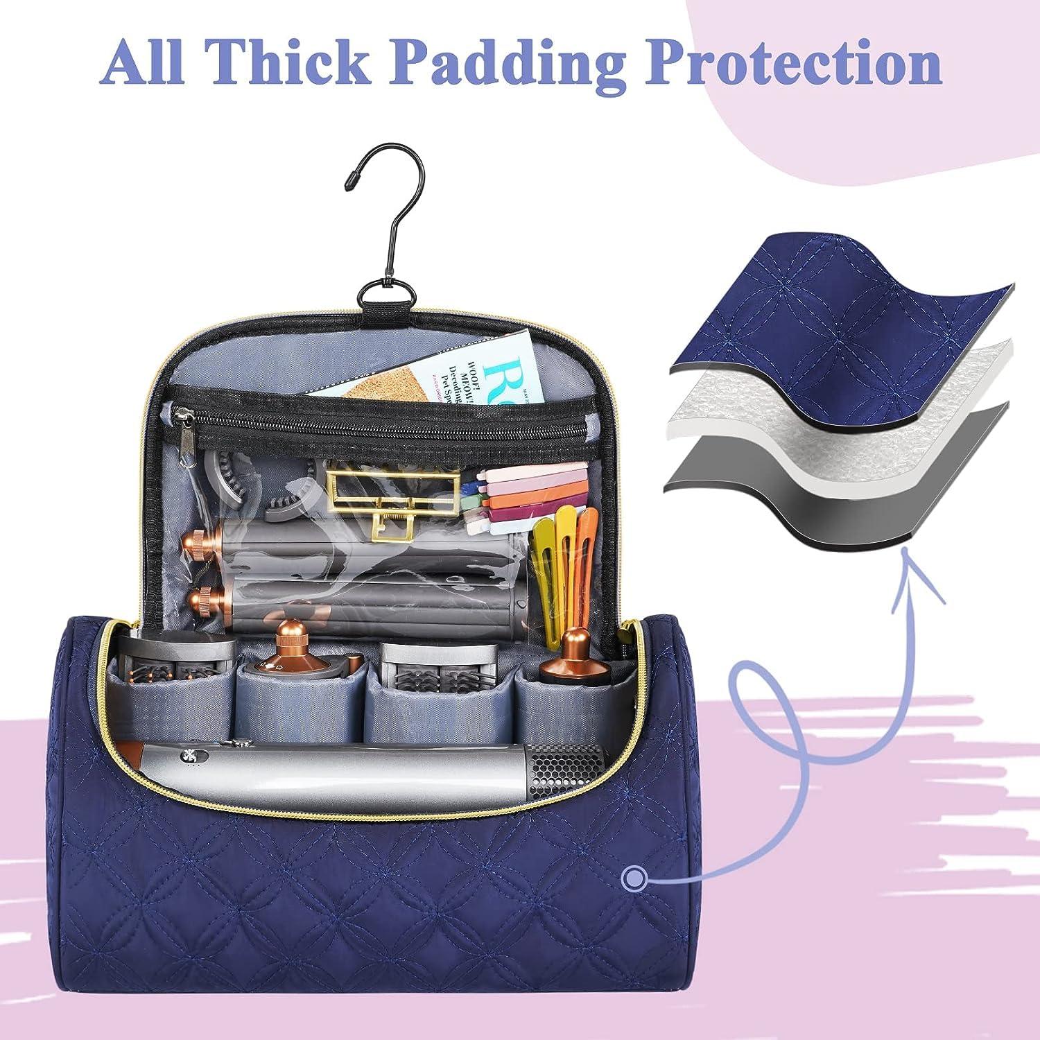 Mancro Padded Travel Case Compatible with Dyson Airwrap Complete Styler and Attachments, Portable Storage Bag with Metal Hanging Hook for Airwrap All Models, Long Barrels, Hair Curler Accessories, Blue+Black