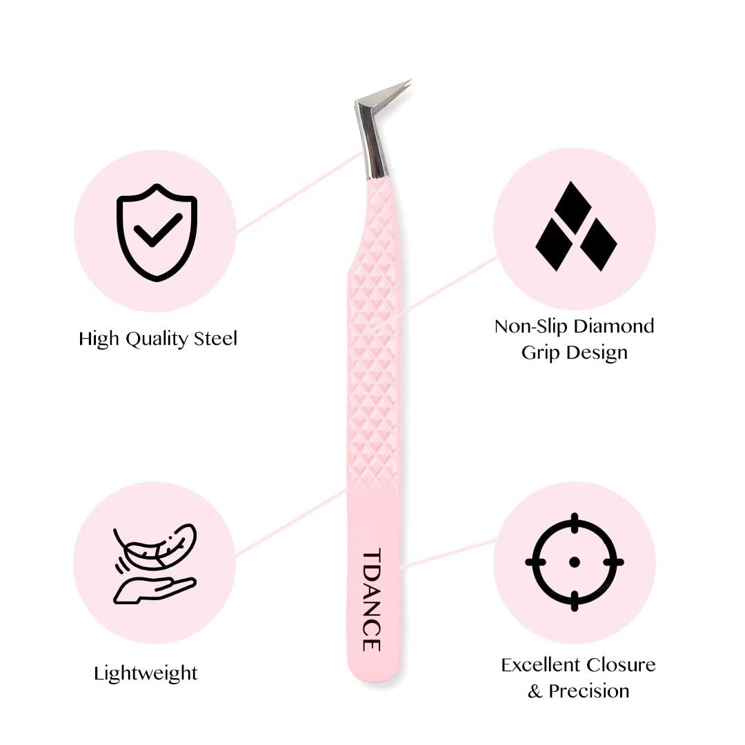 TDANCE TDANCE Lash Tweezers For Eyelash Extensions Fiber Tip Lash Tweezers Volume Boot Lash Extension Tweezers Volume Lash Tweezers Stainless Steel (Volume Boot Tweezer-Pink-T2,1Pcs)