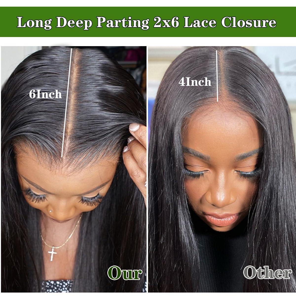 Phipeme 2x6 Lace Closure Human Hair Straight Long Deep Parting KIM K Closure Brazilian Virgin Human Hair Transparent Lace Closure Tiny Knots 2 By 6 Closure Pre Plucked with Natural Hairline