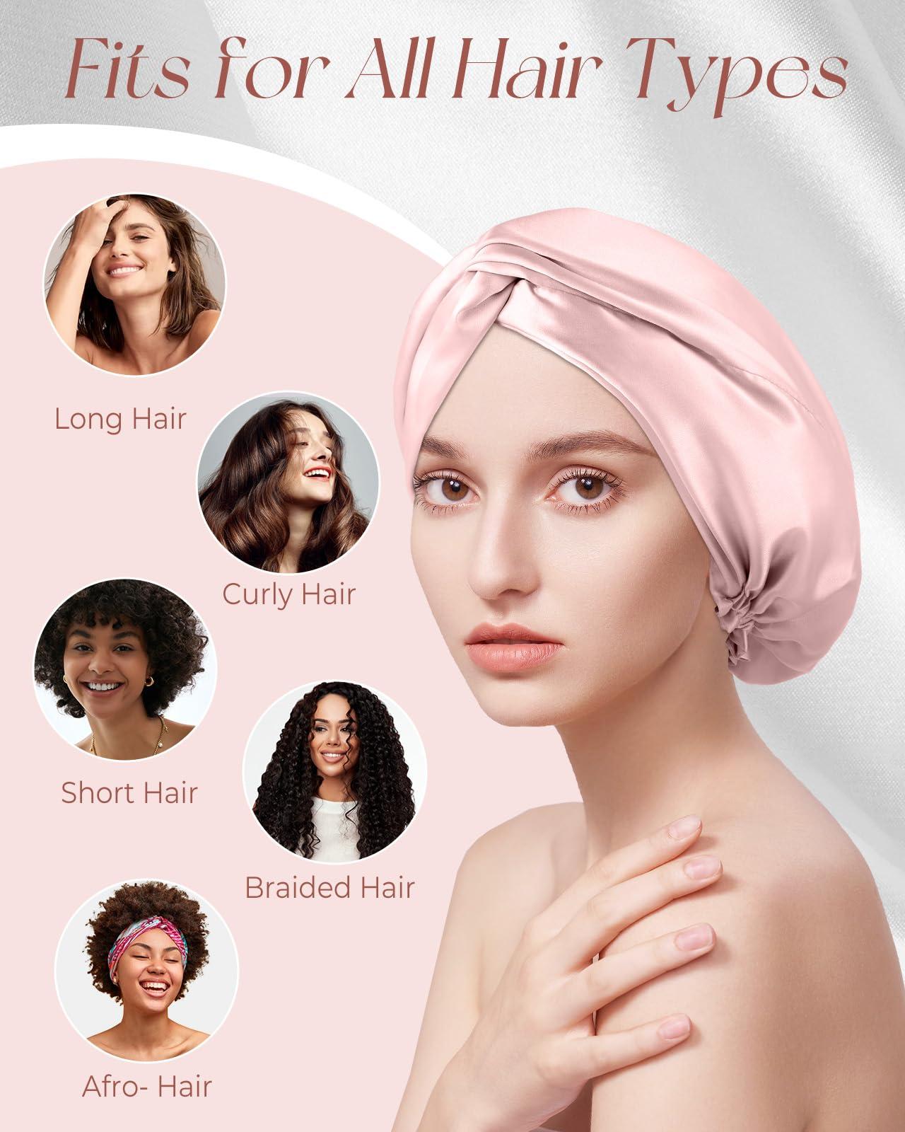 Miss Adola Miss Adola Silk Bonnet for Women - Mulberry Silk Sleep Cap for Hair Care with Eye Mask & Scrunchie 19 Momme Night Cap Sleeping Set with Elastic Stay On Head, Light Pk