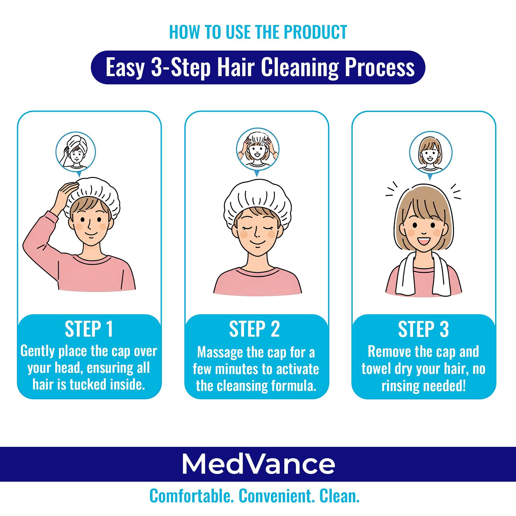 MedVance MedVance No Rinse Shampoo Cap | Rinse Free Shower Cap that Shampoos & Conditions | PH Balanced & Hypoallergenic Waterless Hair Wash | 3 Pack