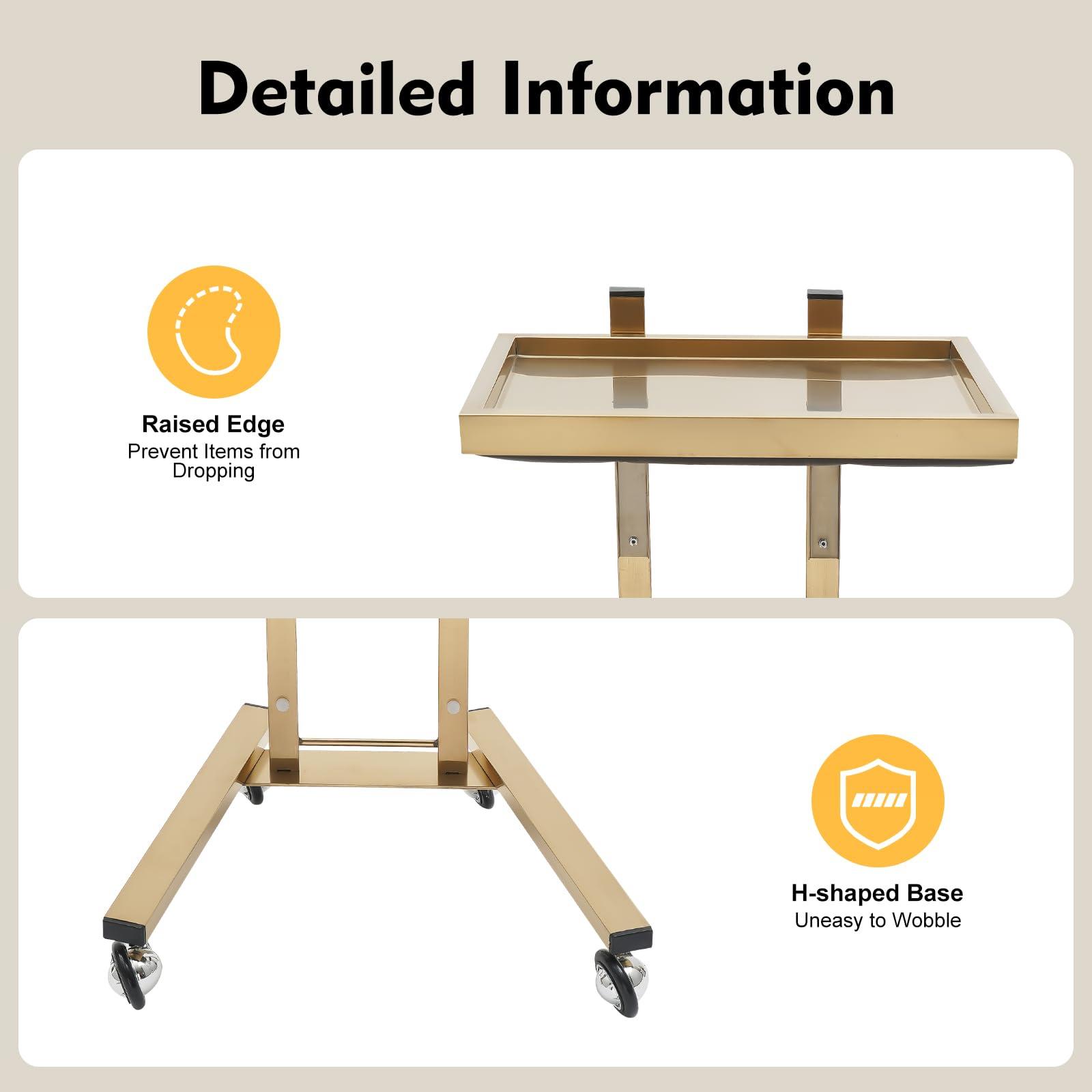 Pinelicorn 2 Tier Metal Rolling Cart, Stainless Steel Salon Tray with Wheels, Foldable Utility Carts, Folding Salon Tray Trolley, Rolling Tray Salon Trolley for Tattoo (Golden)
