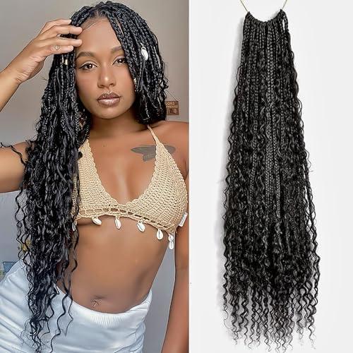 Francesca Hair Boho Box Braids Goddess Box Braids Crochet Hair Bohemian Braids Braiding Hair Box Braids with Curly Ends Pre-looped Synthetic Crochet Hair for Women 30 inch 2pack/80strands