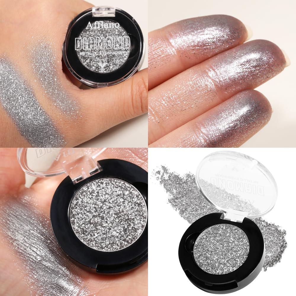 Afflano Afflano Silver Glitter Eyeshadow Super Pigmented, Intense Color Gray Silver Eyeshadow Palette Single, Long Lasting Sparkle Shimmer Metallic Glitter Eyes Look, Blendable Neutral Grey Eye Shadow Makeup