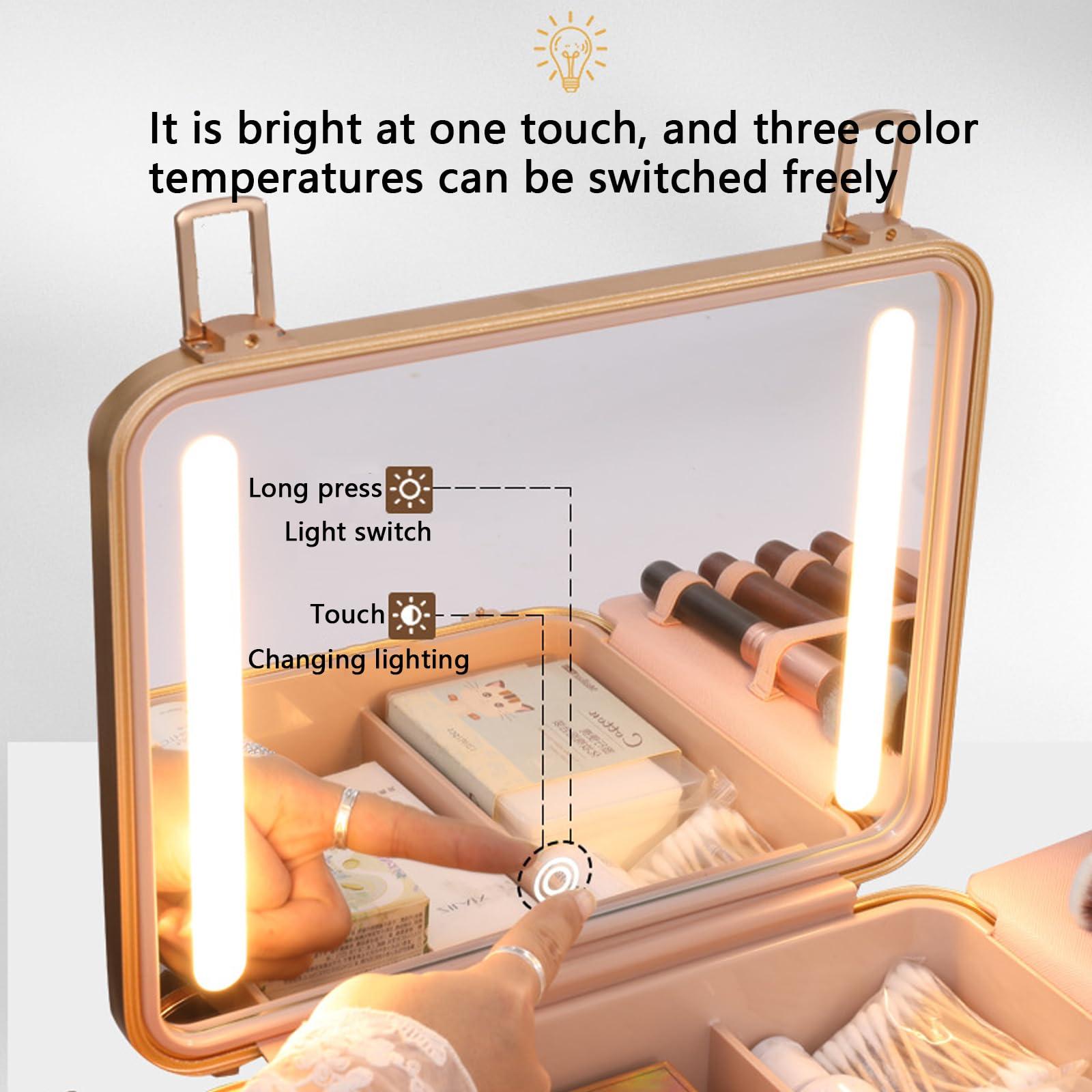 ESRADA ESRADA Makeup Bag Travel Make Up Organiser Bag Storage Vanity Case With Mirror Lamp Rechargeable Portable Makeup Box Cosmetic Bags Pink