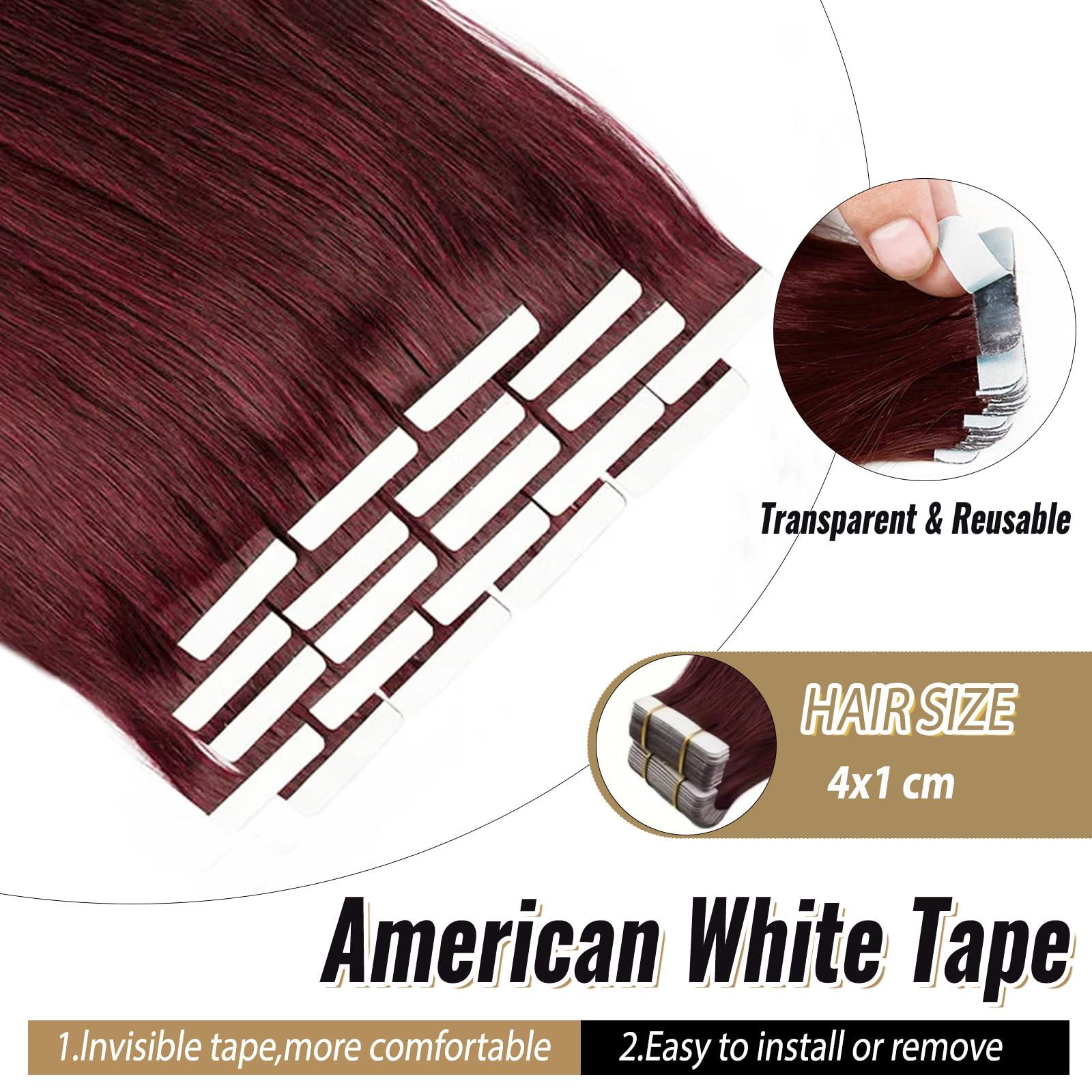 Munx Wine Red Tape in Hair Extensions Human Hair Invisible Hair Extensions Tape in Burgundy Tape in Extensions Real Hair Seamless Tape in Human Hair Extensions 22 Inch #99J 20pcs 60g