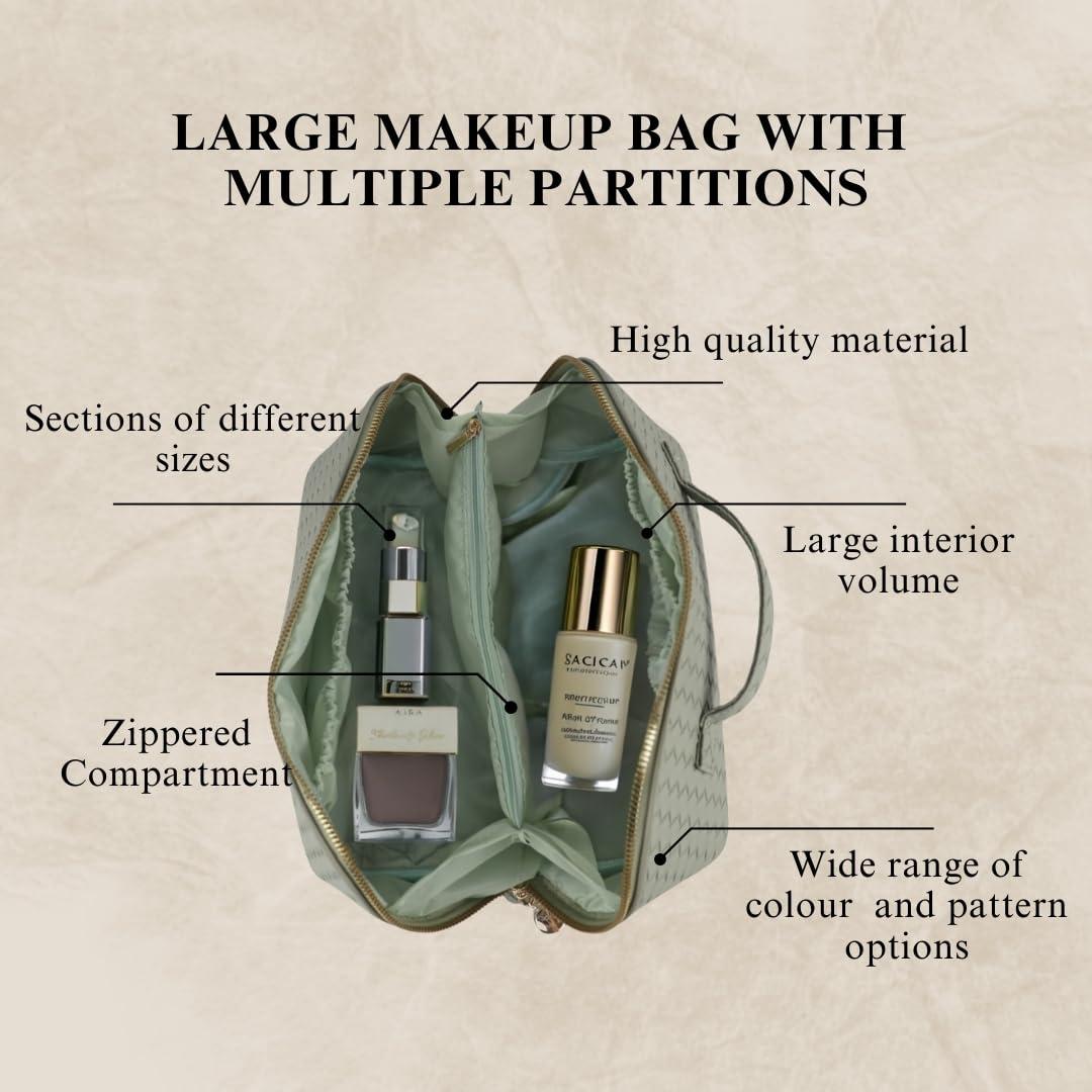 Generic Large Capacity Makeup Bag, PU Leather Makeup Bag Organizer, Toiletry Bag for Women, Travel Makeup Bag with divider, Cosmetic Bags for Women, Leather Waterproof Cosmetic Bag, Open Flat Design (Green)