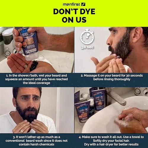 MENFIRST MENFIRST Gradual Gray Darkening Beard Wash for Men - Dark Shades Beard Shampoo - Hypoallergenic, Harsh Chemical-Free, Dermatologist Tested Beard Dye - 4.6 Fl Oz (Pack of 1)