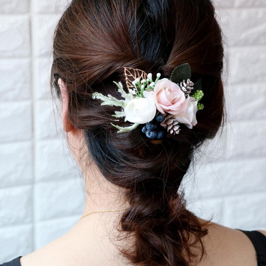 barenx barenx Silk Floral Hair Comb Artificial Flower Leaves Wedding Headpieces - 8x14x3cm, Rose+Golden Leaf