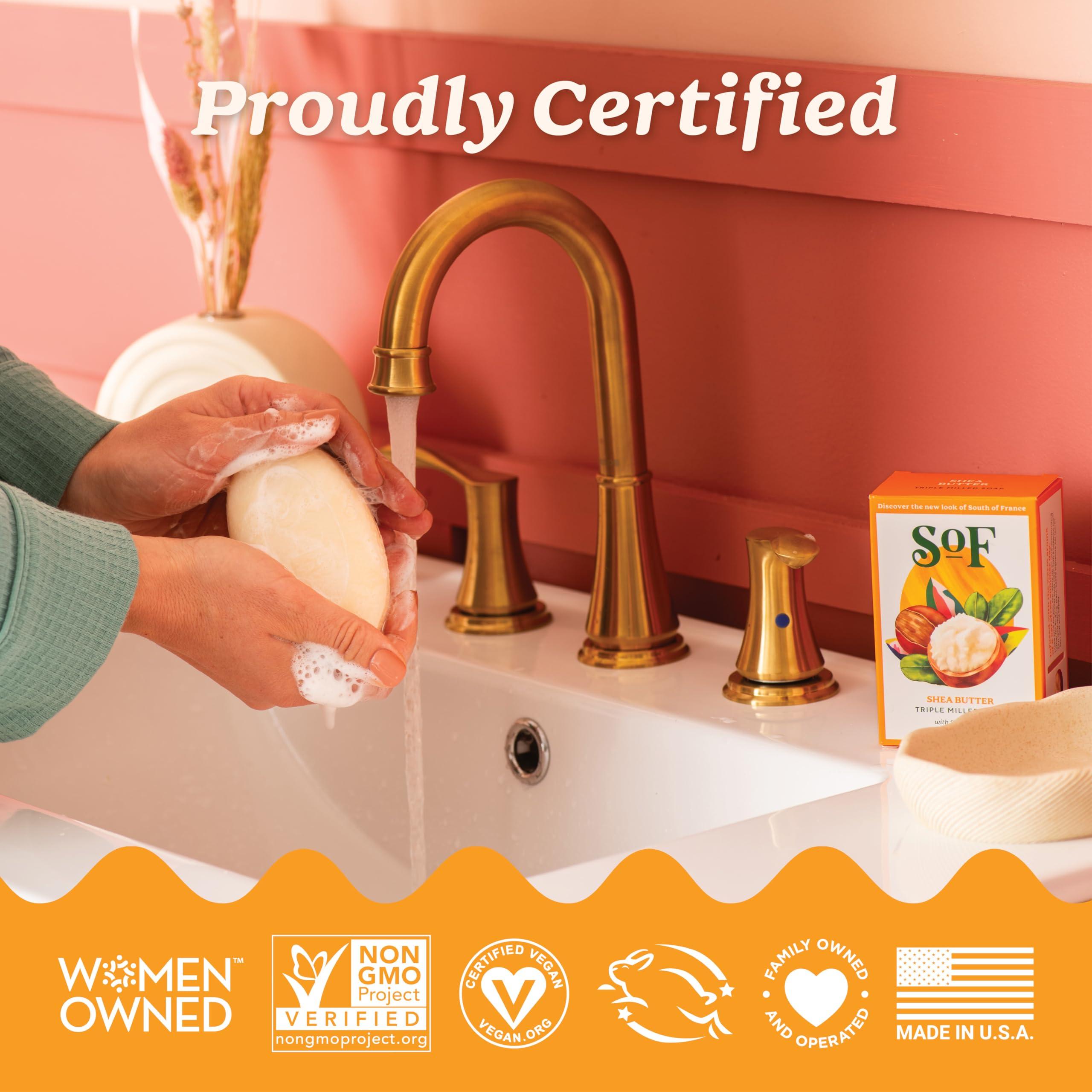 South of France Natural Body Care SoF Triple Milled Bar Soap - With Coconut Oil & Organic Shea Butter- Vegan & Non GMO- Free From Phthalates, Sulfates & Parabens- Shea Butter - 6 oz Bar 6 Bars