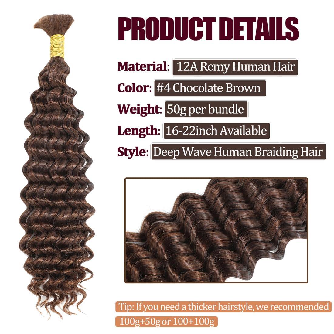 Beaushine Beaushine Human Braiding Hair for Boho Braids, Color 4 Deep Wave Bulk Human Hair for Braiding,22 inch,100g, 12A Grade Chocolate Brown Deep Curly Boho Braids Human Hair
