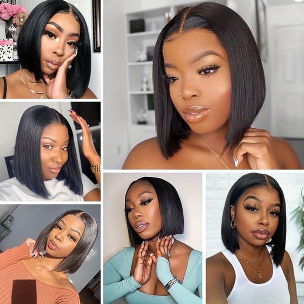 Hoscod Straight Brazilian Hair 12 inch Natural Black Bob Wig Human Hair 13x4 HD Transparent Lace Front Wigs Human Hair Pre Plucked 180% Density Glueless Short Bob Wig Human Hair Pre Plucked for Black Women.