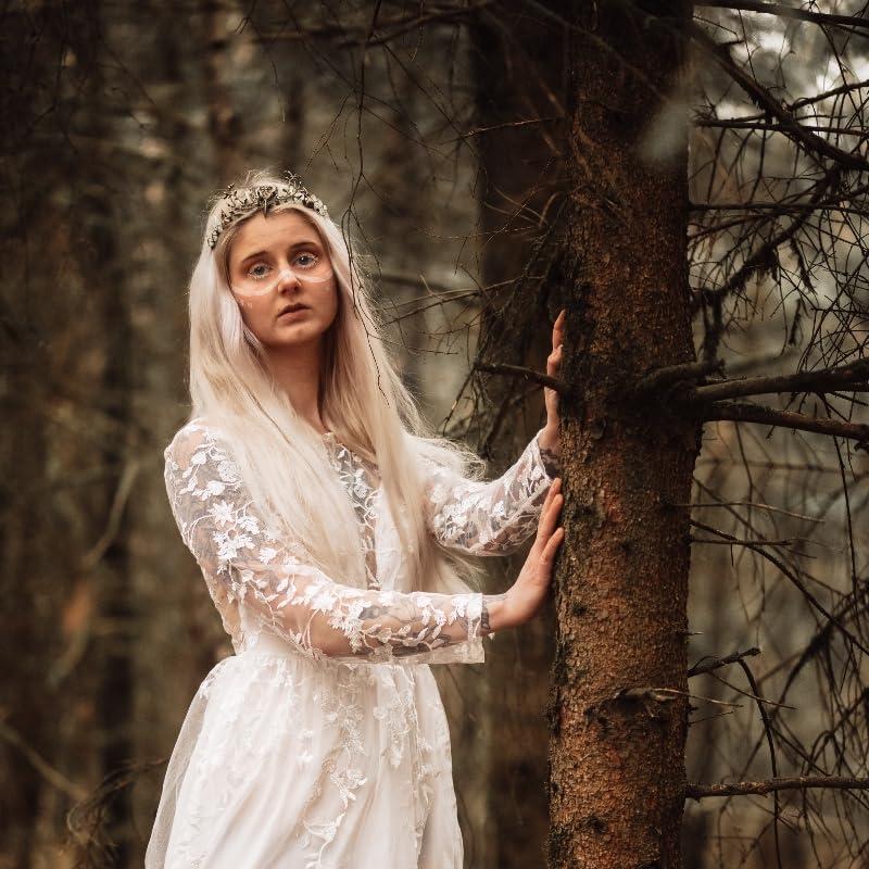 CoTeeZa CoTeeZa Green Fairy Crystal Crown - Handmade Raw Quartz Tiara with Bronze Crow Branch Moon Elf Headpiece Fantasy Forest Witch Crown Wedding Renaissance Halloween Cosplay Woodland Headband