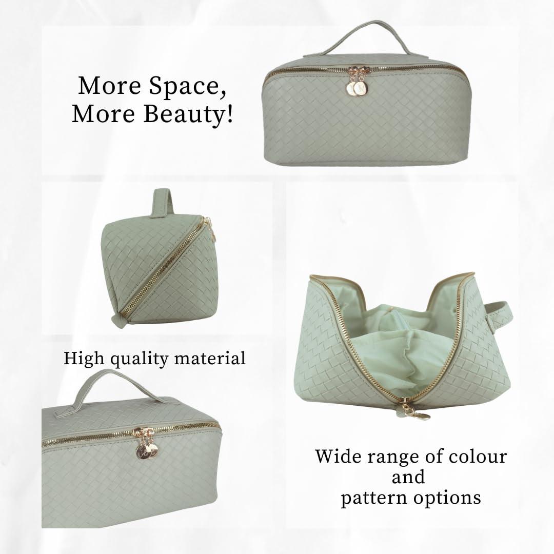 Generic Large Capacity Makeup Bag, PU Leather Makeup Bag Organizer, Toiletry Bag for Women, Travel Makeup Bag with divider, Cosmetic Bags for Women, Leather Waterproof Cosmetic Bag, Open Flat Design (Green)