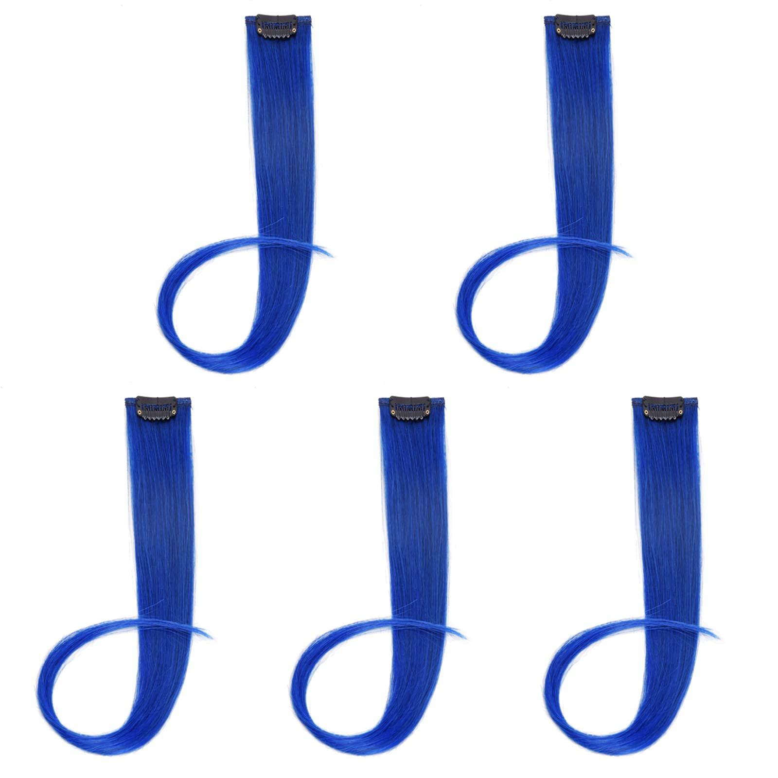 Flying Beauty 5 Pcs blue hair extensions 18 Inches Colored Christmas Party Highlights Straight Hair Clip in Human Hair Extensions in Multiple Colors