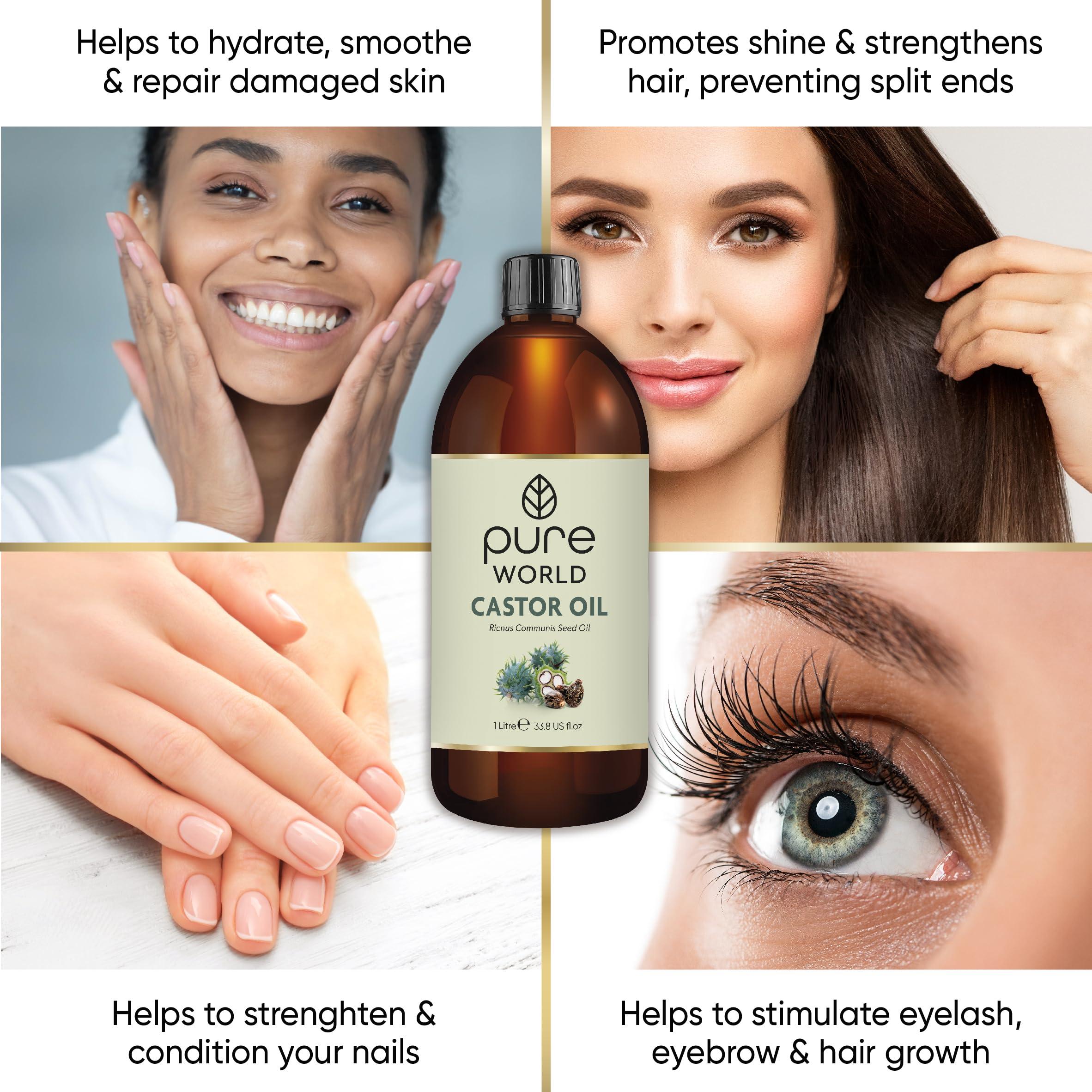 Pure World Pure World Castor Oil 1 Litre. Cold Pressed 100% Pure and Natural Hexane Free For Eyebrows, Nails, Beard, Hair, Eyelash Growth Cruelty-Free