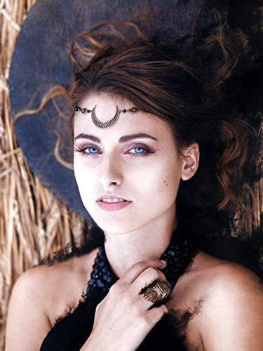 Doubnine DoubleNine Crescent Moon Drop Pendant Tassels Head Chain Black Beads Headband Retro Natural Stone Crystal Hair Accessories Headpiece for Women Bride Wedding (Black Small Beads)