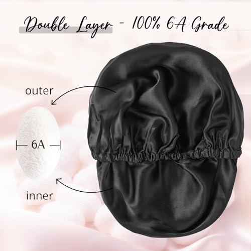 WIGI WIGI 100% Mulberry Silk Bonnet with Scrunchie Gift for Women, Silk Bonnet for Sleeping, Shower Cap Hair Bonnet, Silk Hair Wrap for Hair Care (100% Mulberry Silk (Round design), Black)