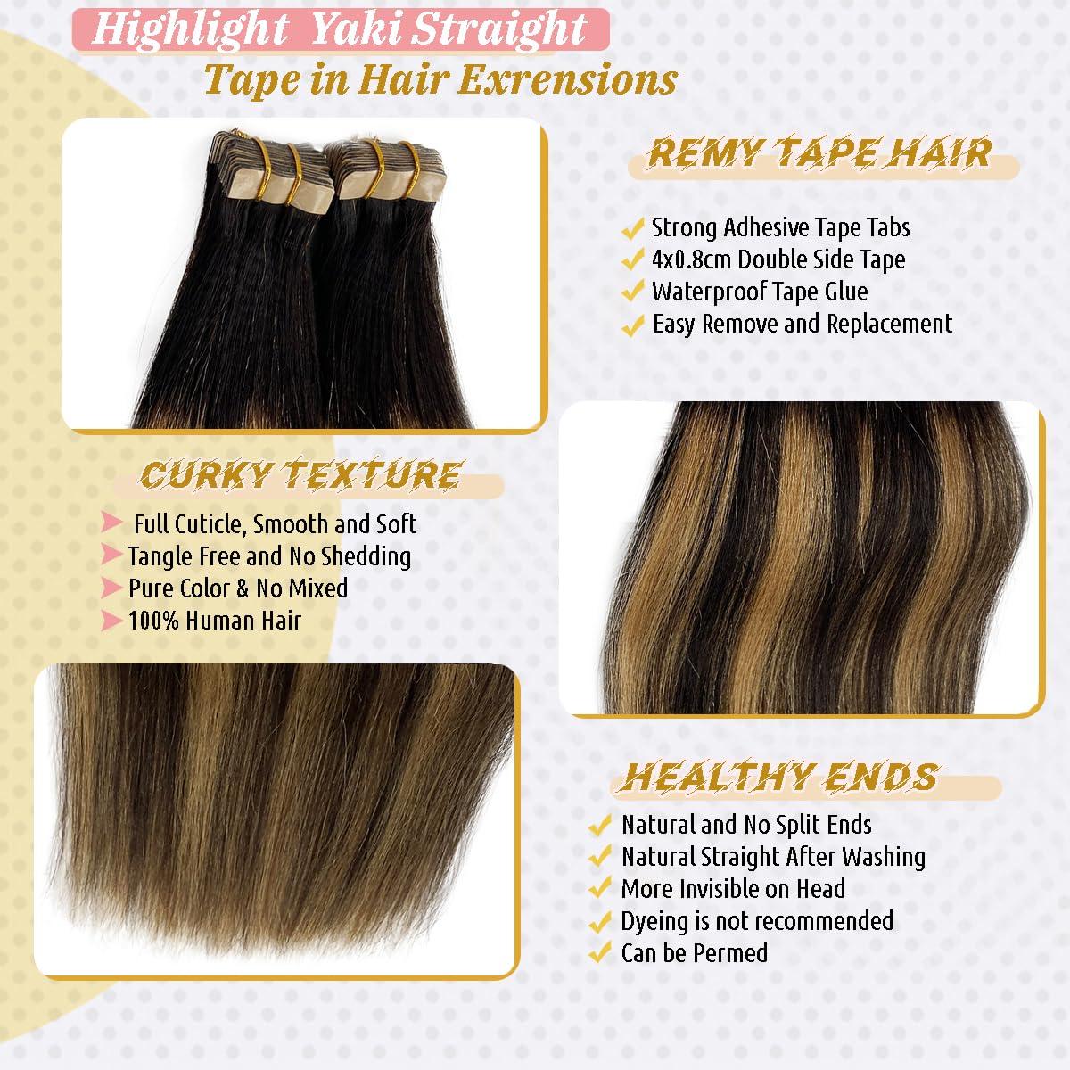Smavida Ombre Blonde Tape in Hair Extensions Human Hair 22Inch Yaki Straight Highlighted Brown to Honey Blonde Tape in Extensions Real Human Hair 20Pcs 50 Gram Double Sided Yaki Tape in Invisible Hair