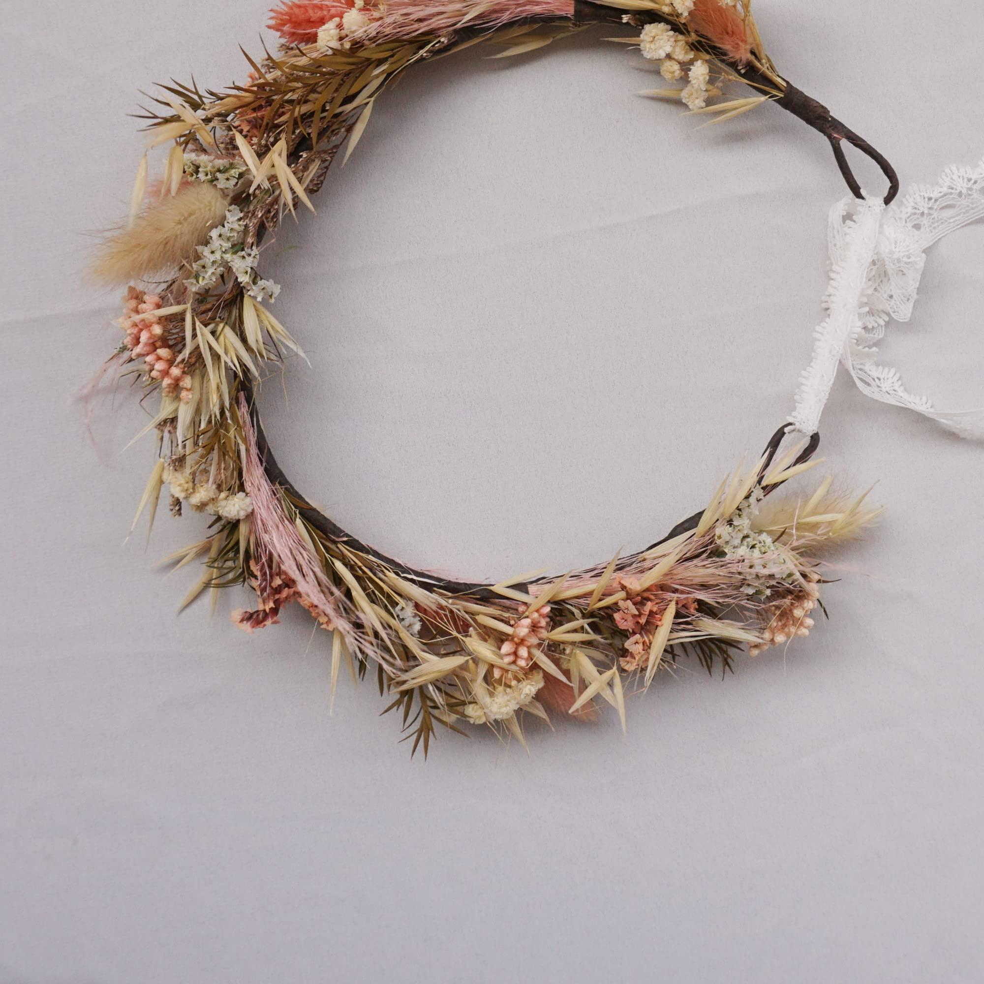 DXXD Autumn Dried Flower Crown - Darling Halo Style Headband in Organic Naturally Dried Flowers in Mustard Yellow, Blush and Cream (Adule)