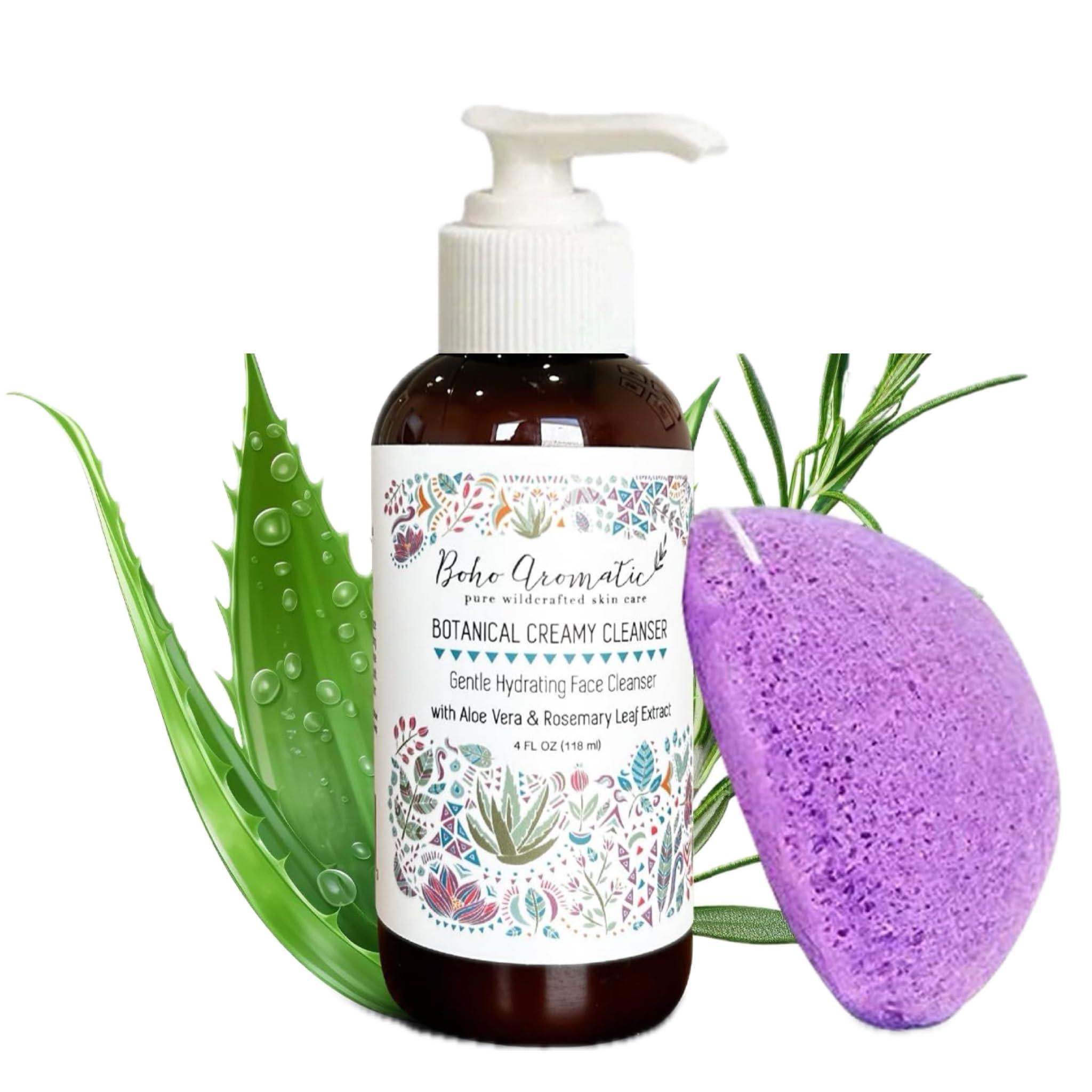 Boho Aromatic Boho Aromatic Botanical Cream Face Cleanser and Konjac Sponge, Gentle Non-Foaming Face Wash, Anti Aging Facial Cleanser, Natural & Organic, Daily Facial Cleanser, Facial Care Products