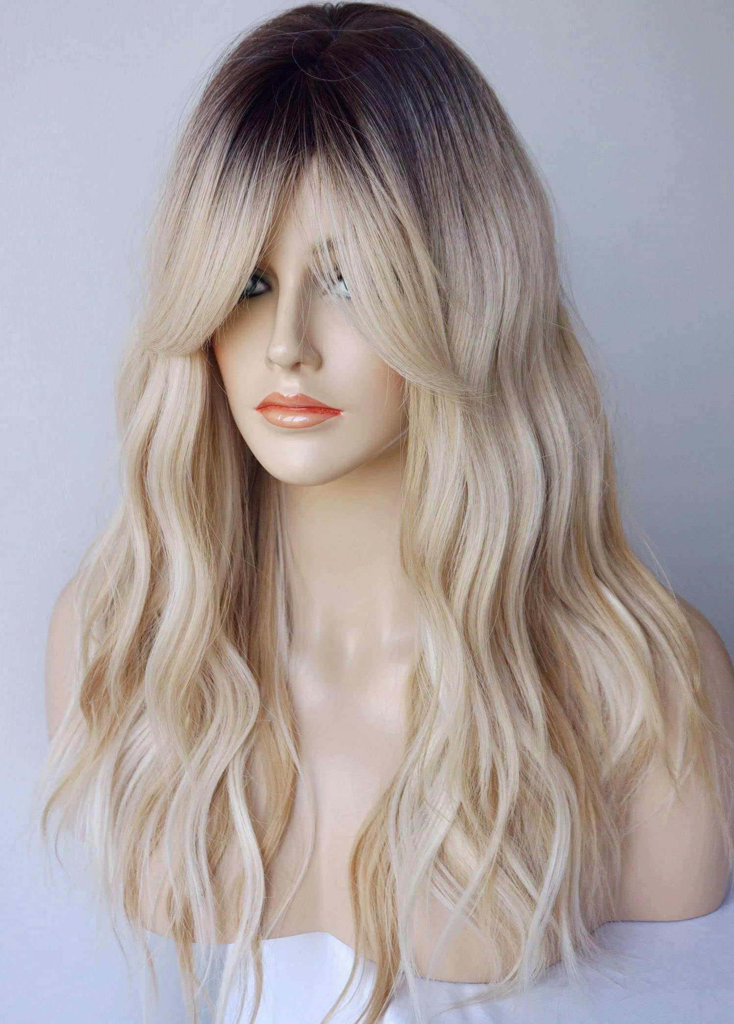 wigbuy Long Blonde Wig for Women Wolf Tail cut wig Synthetic Hair Blonde Ombre with white Highlight Wigs for White Women (Blonde Highlight)