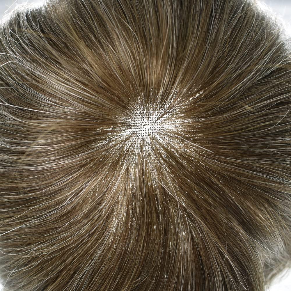 DR HAIR Swiss Lace Toupee for Men Real Human Hair Pieces Lace Front Mens Toupee Hair Replacement System Hairpiece Bleached Knot Natural Hairline #620 Light Brown+20% Gray8\'\'X10\'\' 100% density