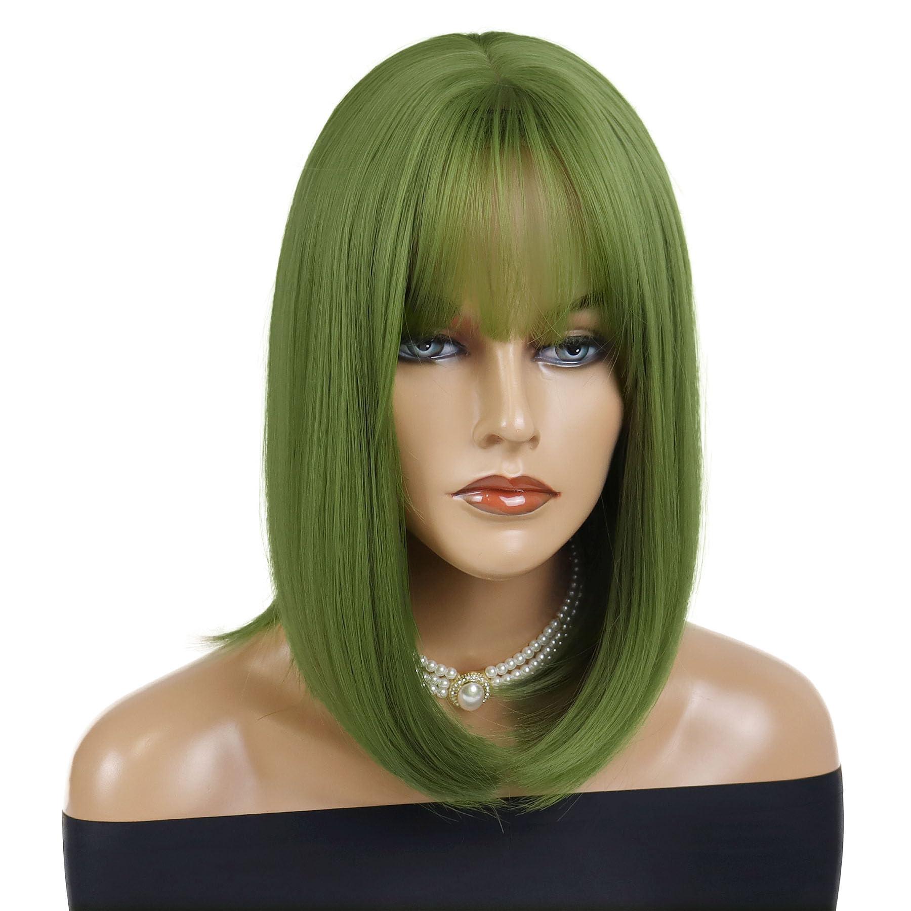GNIMEGIL GNIMEGIL 16 inches Green Wig Cosplay with Bangs Trendy Short Straight Hair Costume Wig for Women Halloween Carnival Party Wig Heat Resistant Synthetic Fiber