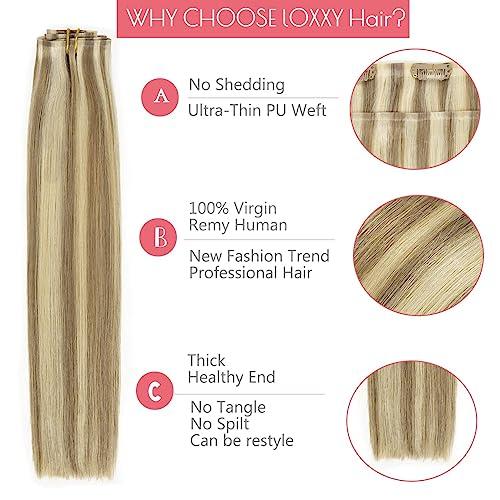 Loxxy Loxxy Glam Seamless Clip in Hair Extensions Double Thin PU Weft 100% Remy Hair Extensions Clip in Human Hair 20Inch Piano Light Brown Mixed With Platinum Blonde #P8/60 110Gram 7PCS Full Head